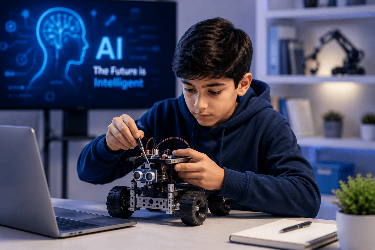 Student building an AI-powered robot